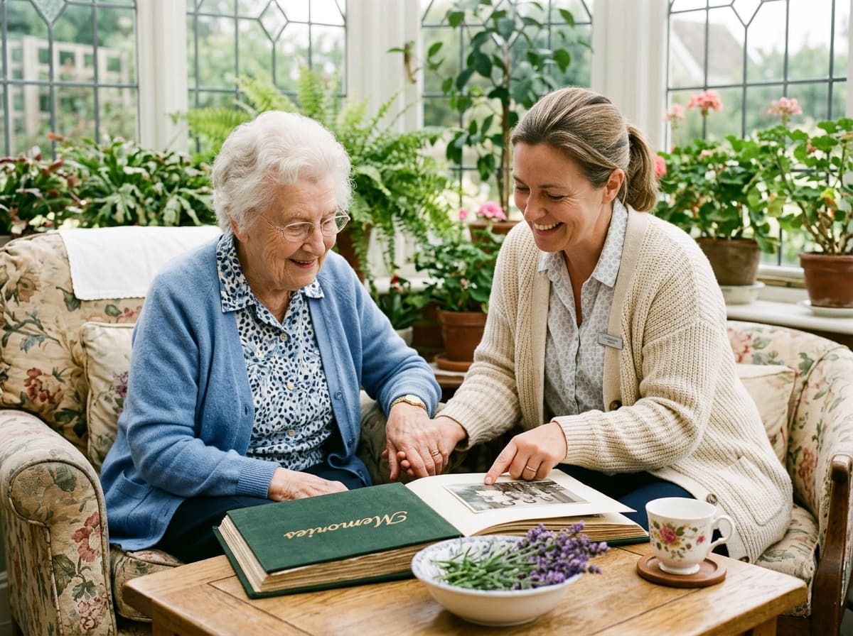 Elderly resident smiling warmly during gentle tactile memory reminiscing activity with caregiver