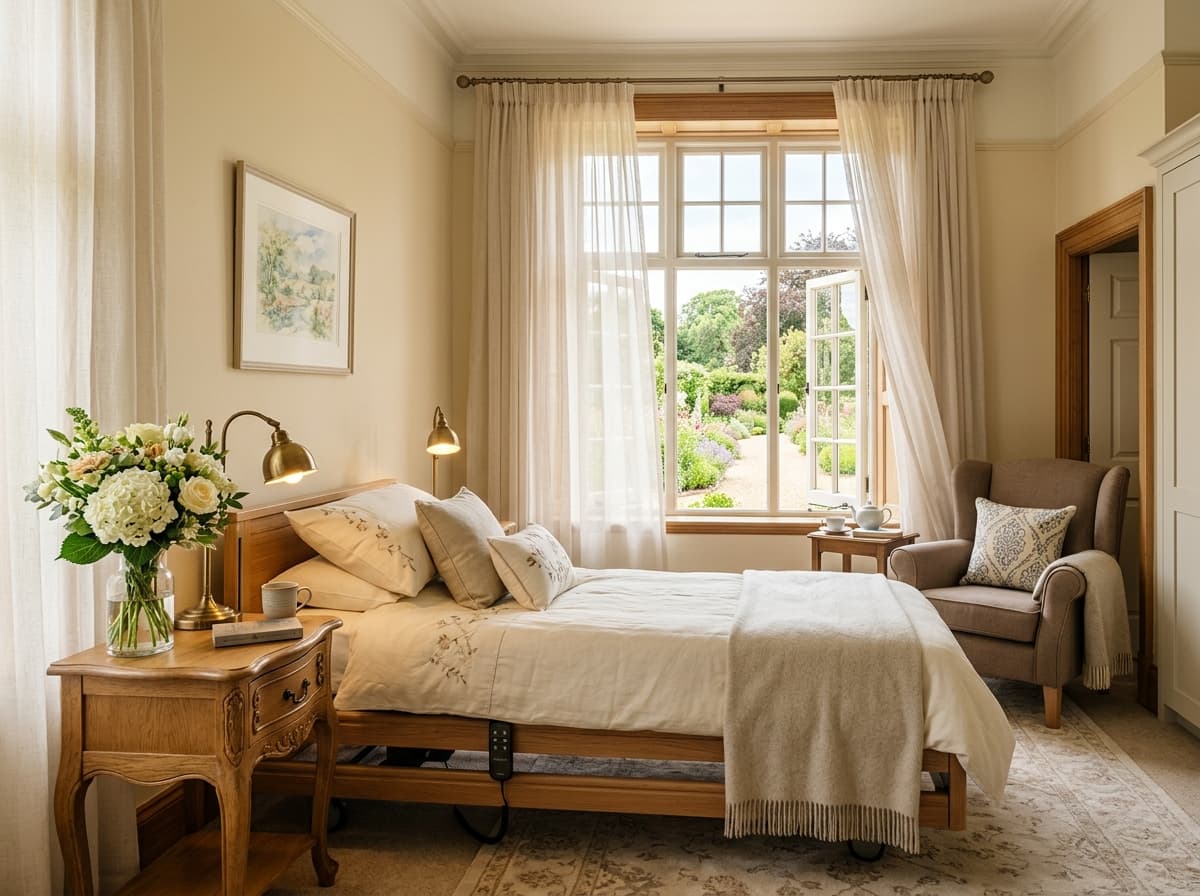 Tranquil, peaceful sanctuary bedroom suite with profiling bed, fresh flowers, and garden view