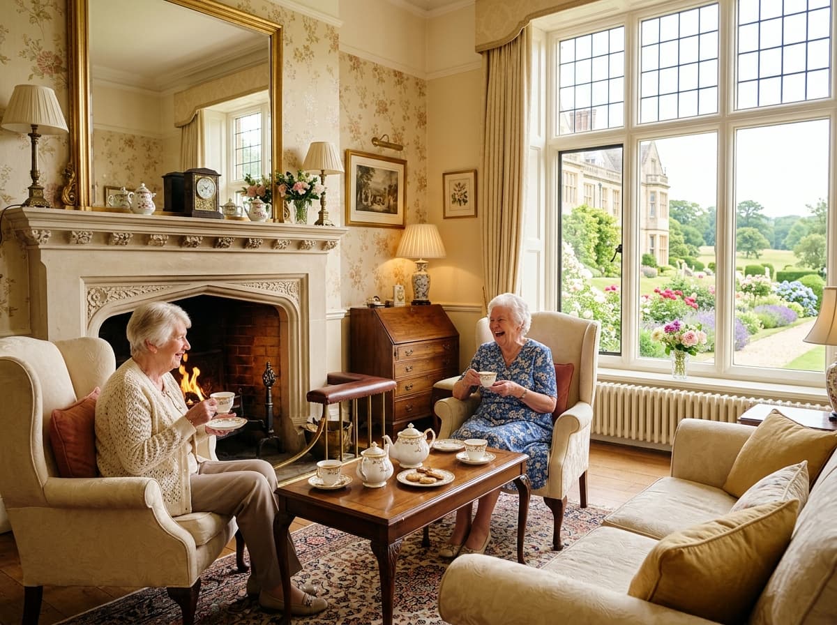 Residents enjoying relaxed morning tea by the fire in our warm Victorian lounge