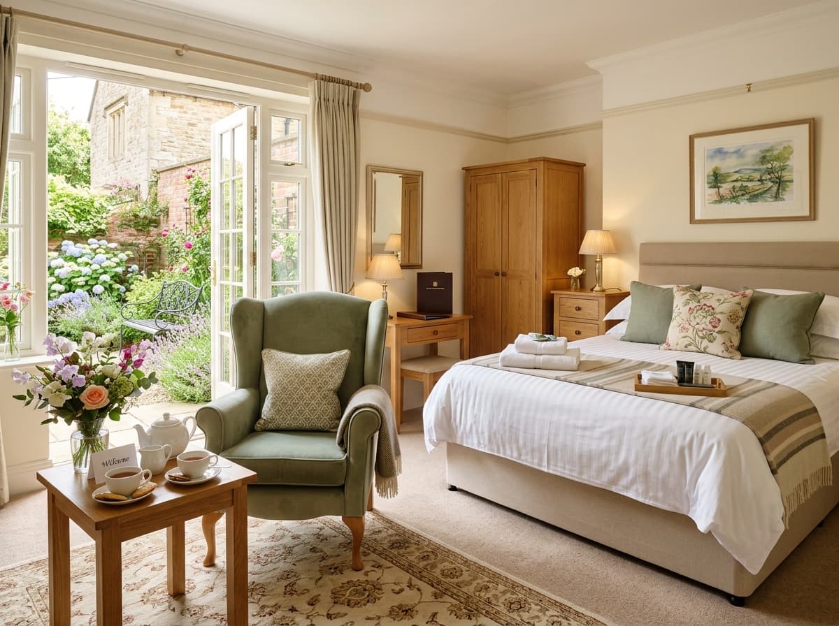 Charming sunlit guest bedroom suite prepared with fresh linens and welcome tea tray